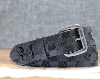 Custom Men’s Leather Belt, Handmade Squares Engraved Belt, Gifts for Him, Personalized Gift for Friends Day, Father, Dad, Husband, Boyfriend
