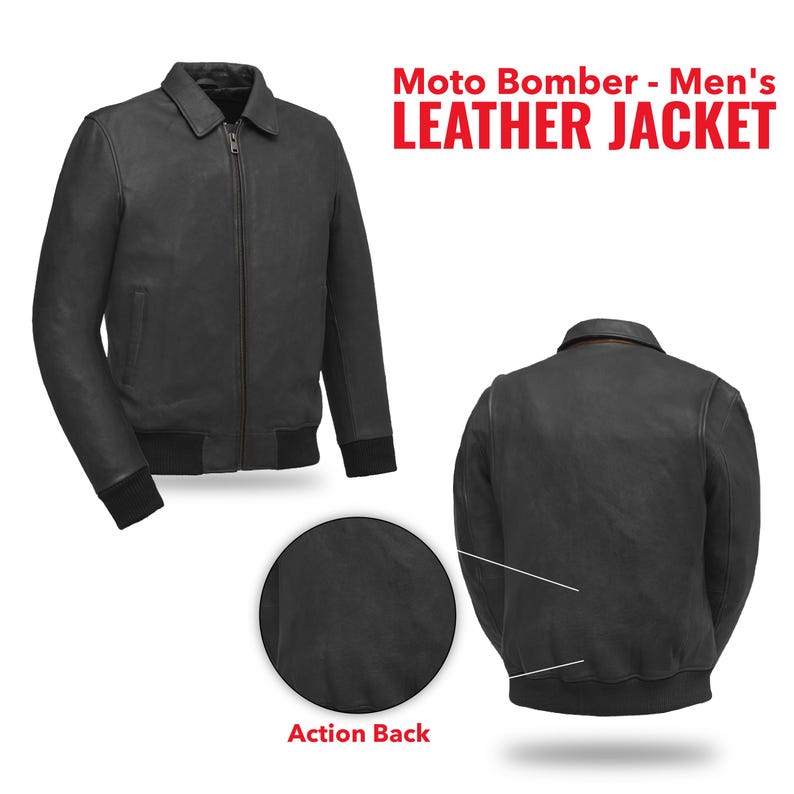 May include: A black leather bomber jacket with a zip-up front, collar, and ribbed cuffs and hem. The jacket is displayed from the front and back, with a close-up of the action back detail. Text reads "Moto Bomber - Men's LEATHER JACKET."