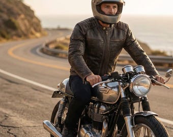 May include: A person wearing a dark brown leather jacket and a metallic silver full-face helmet, riding a silver Triumph motorcycle. The motorcycle features a round headlight, chrome accents, and a fuel tank with the Triumph logo clearly visible.