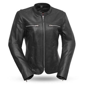 May include: Black leather jacket with a stand-up collar and a full-length zipper. The jacket has two zippered chest pockets and two side pockets. The sleeves have zippered cuffs. The jacket is a classic motorcycle style.