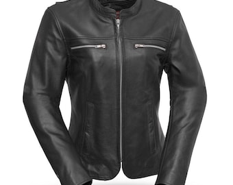 Chaqueta de motociclista ligera de piel de vaca para mujer