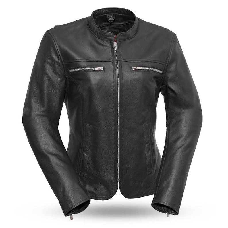 May include: Black leather jacket with a stand-up collar and a full-length zipper. The jacket has two zippered chest pockets and two side pockets. The sleeves have zippered cuffs. The jacket is a classic motorcycle style.