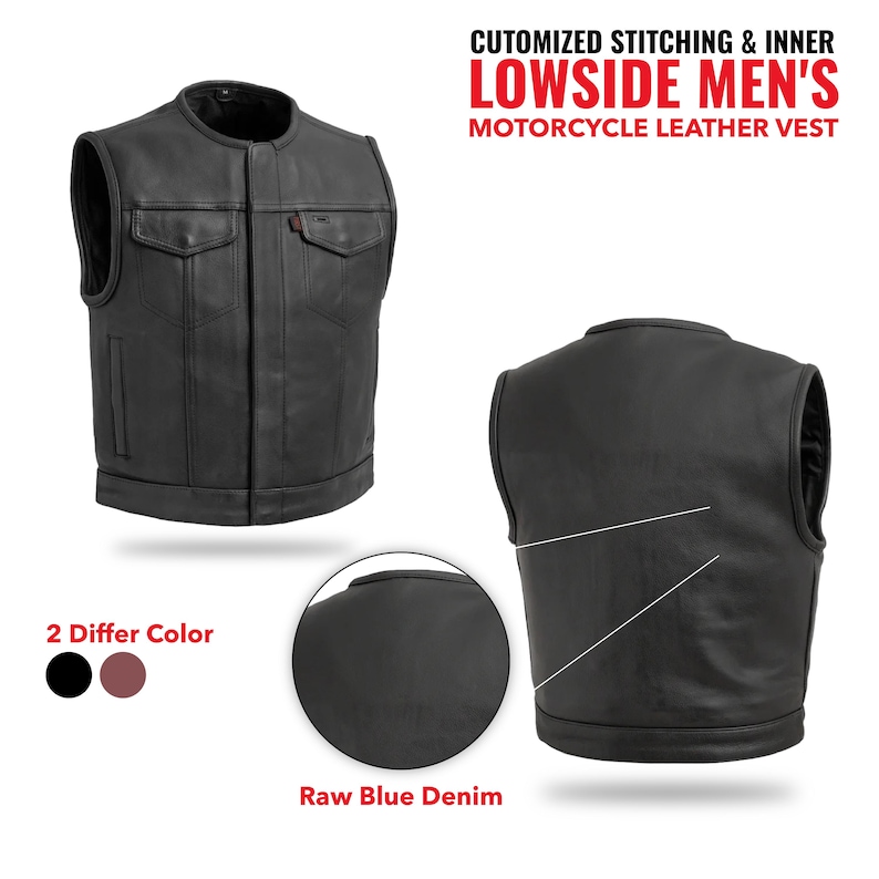 May include: Black leather motorcycle vest with two front pockets and a snap closure. The vest has a round collar and is sleeveless. The image also shows a close-up of the vest's material and color options. Text on the image reads "LOWSIDE MEN'S MOTORCYCLE LEATHER VEST."