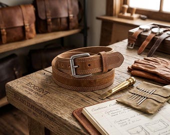 Handmade Heritage Ochre Leather Belt: Personalized Buffalo Tan Gift
