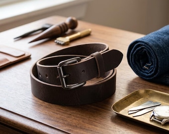 May include: A dark brown leather belt featuring a smooth finish and a rectangular gunmetal buckle. The belt is coiled into a circular shape, showcasing the thickness of the leather strap and the secure metal prong mechanism for fastening.