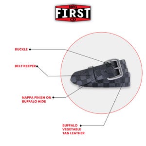 May include: A black buffalo hide belt with a checkered pattern and a silver buckle. The belt features a nappa finish and is made from vegetable-tanned leather. The image also shows the text "MFG FIRST CO".