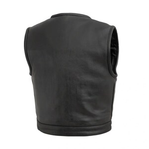 May include: Black leather vest with a round collar and a smooth, shiny finish. The vest has a sleeveless design and a straight hemline. The back of the vest is visible, showcasing the quality of the leather and the tailored construction.