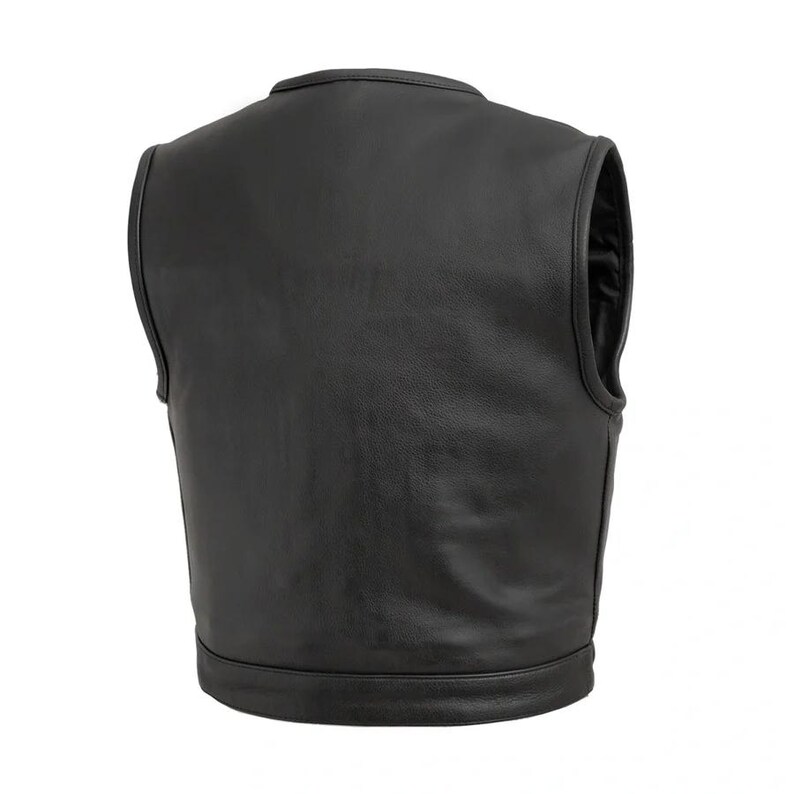 May include: Black leather vest with a round collar and a smooth, shiny finish. The vest has a sleeveless design and a straight hemline. The back of the vest is visible, showcasing the quality of the leather and the tailored construction.