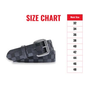 May include: A black checkered belt with a silver buckle. The belt is shown with a size chart that lists waist sizes from 32 to 48 inches.
