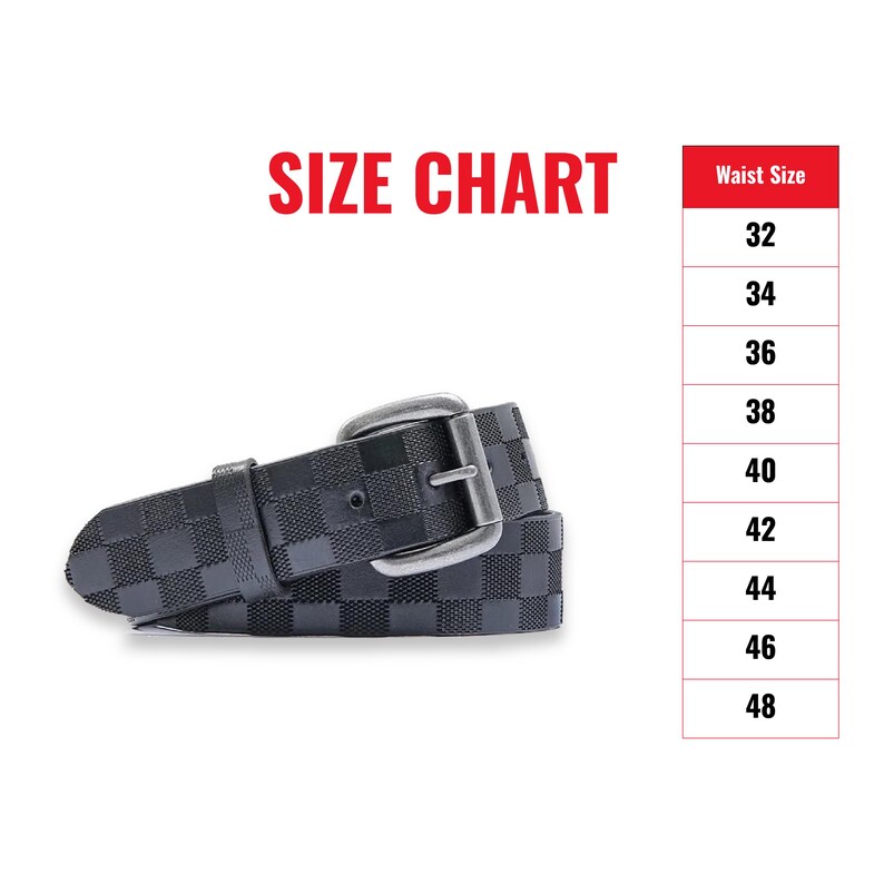 May include: A black checkered belt with a silver buckle. The belt is shown with a size chart that lists waist sizes from 32 to 48 inches.