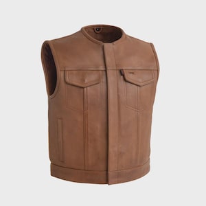 May include: A brown leather vest with a mandarin collar and two front pockets. The vest has a classic design with a tailored fit. The vest has a small red tag on the right pocket.