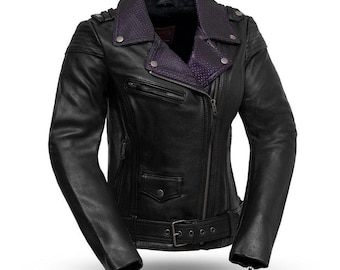 Iris - Chaqueta de cuero para motociclista de mujer / Abrigo de invierno de piel de vacuno para montar en moto / Regalo de Navidad para chicas moteras, señoras y mujeres / Regalos para ella