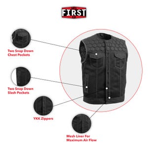 May include: Black vest with a quilted upper section and multiple pockets. Features include two snap-down chest pockets, two slash pockets, YKK zippers, and a mesh liner for maximum airflow. The vest has a button-up front and the "MFG FIRST CO" logo.
