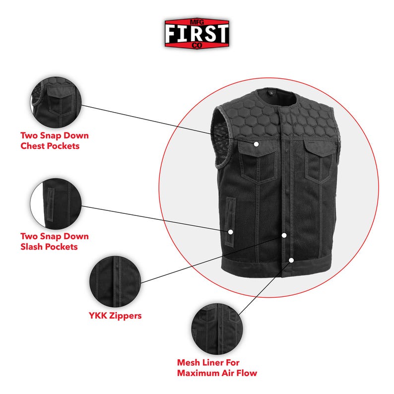 May include: Black vest with a quilted upper section and multiple pockets. Features include two snap-down chest pockets, two slash pockets, YKK zippers, and a mesh liner for maximum airflow. The vest has a button-up front and the "MFG FIRST CO" logo.