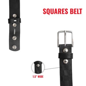 May include: Black belt with a square pattern and a silver buckle. The belt is 1.5 inches wide and features snap closures. The text "SQUARES BELT" is displayed in red.