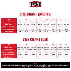 May include: A size chart in inches and centimeters for clothing measurements. The chart includes chest, waist, center back length, across shoulder, and sleeve length measurements for sizes S through 5XL. The MFG FIRST CO logo is at the top.