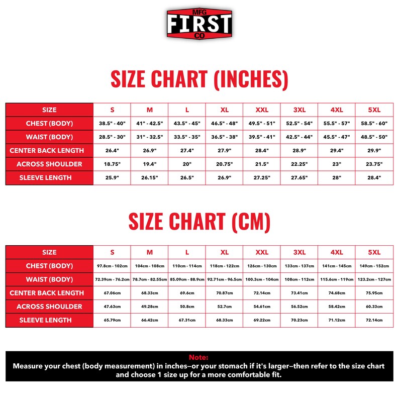 May include: A size chart in inches and centimeters for clothing measurements. The chart includes chest, waist, center back length, across shoulder, and sleeve length measurements for sizes S through 5XL. The MFG FIRST CO logo is at the top.