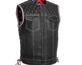 Men's Leather Motorcycle Vest: USA Flag Lining, Biker Club Style