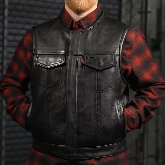 Lowside Men's Motorcycle Leather Vest, leather vest men, mens leather vest, mens biker vest, motorcycle vest, club style vest, SOA vest