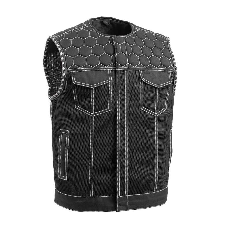 May include: Black vest with white stitching and a honeycomb pattern on the shoulders. The vest has two front pockets and a mesh design. The vest is sleeveless and has a button-up front.