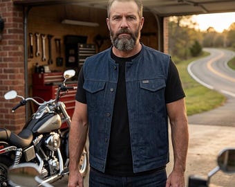 Lowside Men's Motorcycle Denim Vest (Blue), denim vest, jean vest men, vintage denim vest, streetwear denim vest, casual denim outfit