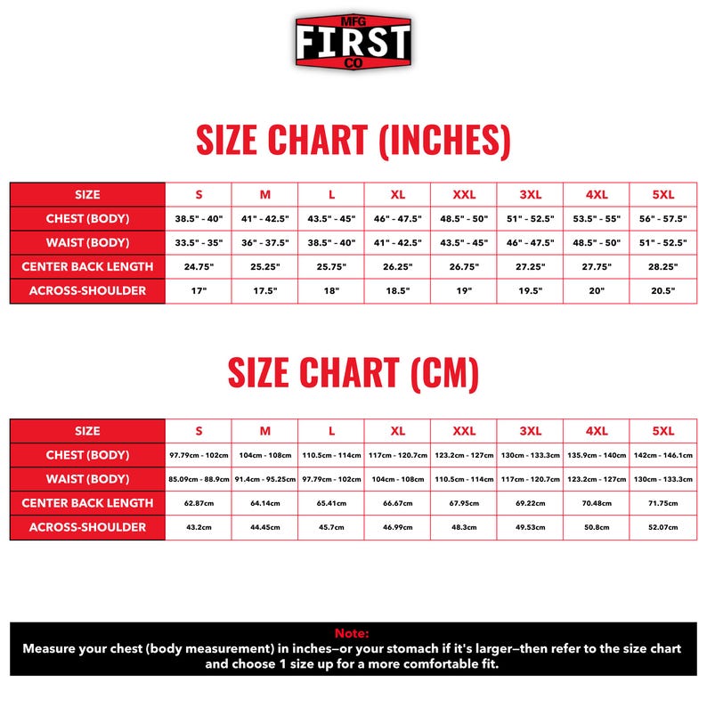 May include: Size chart in inches and centimeters for clothing, with measurements for chest, waist, center back length, and across-shoulder. Includes sizes S to 5XL. The MFG FIRST CO logo is at the top.