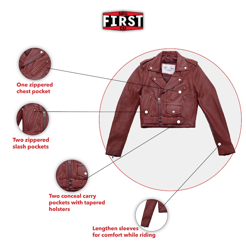 Puede incluir: Chaqueta de cuero burdeos de estilo motero cl&aacute;sico. Cuenta con un bolsillo en el pecho con cremallera, dos bolsillos laterales con cremallera y dos bolsillos ocultos con fundas c&oacute;nicas. Las mangas son m&aacute;s largas para mayor comodidad. Con el logo "MFG FIRST CO".