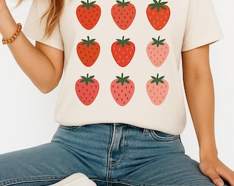 Cute Strawberry T-Shirt | Kawaii Fruit Graphic Tee | Aesthetic Summer Shirt | Pastel Y2K T-Shirt | Cottagecore Gift | Unisex Comfy Tee