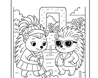May include: Black and white illustration of two hedgehogs playing croquet. One hedgehog is wearing a headband and holding a mallet, while the other wears sunglasses and a blazer. Text reads: "Dear diary: today I crushed croquet."