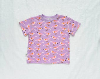 Kids Organic Cotton Birds Short Sleeve Tee in Lavender  |  Handmade