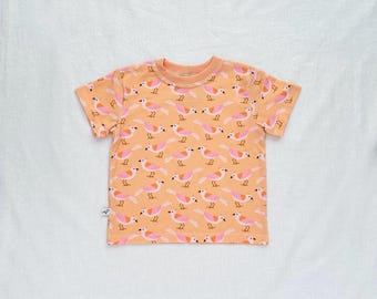Kids Organic Cotton Birds Short Sleeve Tee in Peach  |  Handmade