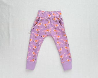 Kids Organic Cotton Birds Joggers in Lavender  |  Handmade