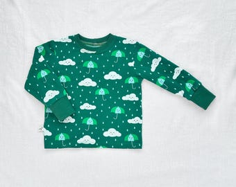 Kids Organic Cotton Happy Rain Long Sleeve Tee in Green  |  Handmade