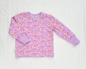 Kids Organic Cotton Birds Long Sleeve Tee in Lavender  |  Handmade