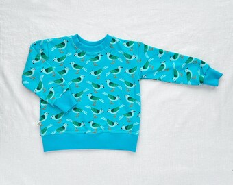 Kids Organic Cotton Birds Sweater in Sky  |  Handmade