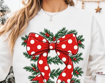 Christmas Bow Stripes Sweatshirt, Trendy Xmas Holiday Sweater, Coquette Red Polka Dot Tree Crewneck, Christmas Sweat for Women