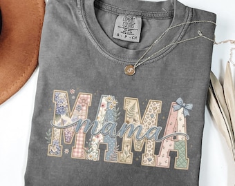Comfort Colors Mama Faux Patchwork Floral Shirt, Expecting Mom Gift, Mama Crewneck