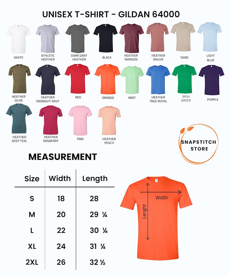 Pode incluir: Imagem de camisetas unissex Gildan 64000 em v&aacute;rias cores, incluindo branco, preto e vermelho. A imagem inclui uma tabela de tamanhos com medidas em polegadas, do tamanho S ao 2XL. As medidas de largura variam de 45.7 cm a 66 cm.