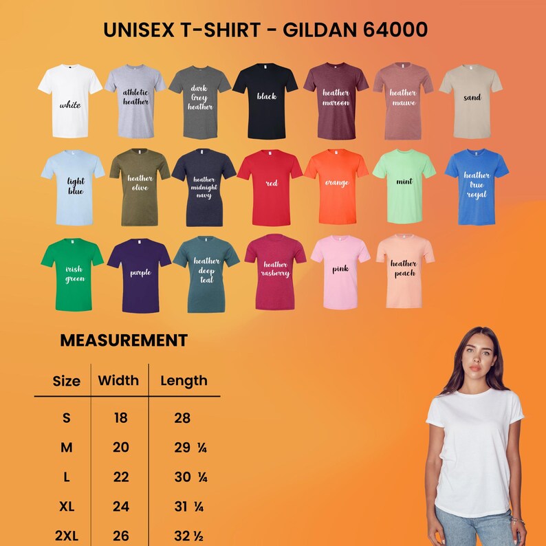 Puede incluir: Una exhibici&oacute;n de camisetas unisex Gildan 64000 en varios colores, incluyendo blanco, negro y rojo. La imagen tambi&eacute;n muestra una tabla de tallas con medidas en cm, con anchos de 45.7 cm a 66 cm y largos de 71 cm a 82.5 cm.
