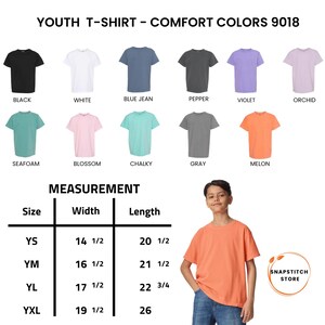 May include: A selection of youth t-shirts in various colors, including black, white, blue jean, pepper, violet, and orchid. The image also displays size measurements for each shirt, with widths ranging from 14 1/2 to 19 1/2 inches and lengths from 20 1/2 to 26 inches.
