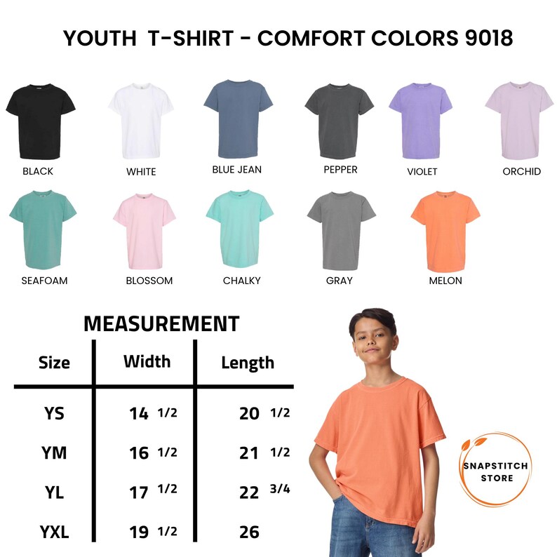 May include: A selection of youth t-shirts in various colors, including black, white, blue jean, pepper, violet, and orchid. The image also displays size measurements for each shirt, with widths ranging from 14 1/2 to 19 1/2 inches and lengths from 20 1/2 to 26 inches.