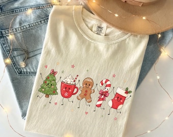 Comfort Colors® Cute Christmas Shirt, Doodle Xmas  Tee, Trendy Christmas Tshirt, Holiday Coffee Gingerbread Shirt