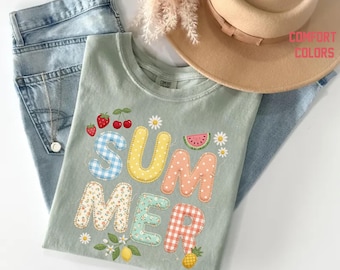 Comfort Colors® Patchwork Faux Summer T-Shirt, Quilted Gingham Floral Cottagecore Tee