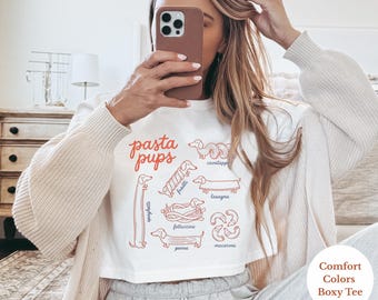 Pasta Pups Boxy Tee, Funny Dachshund Spagetti Boxy Tee, Wiener Dog Shirt, Comfort Colors Italian Foodie Gift