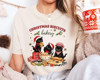 Christmas Cat Comfort Colors® Shirt Kitty Biscuits Xmas Baking Tee Gingerbread Cookie TShirt Cozy Black Cat Lover T-Shirt Holiday Tee