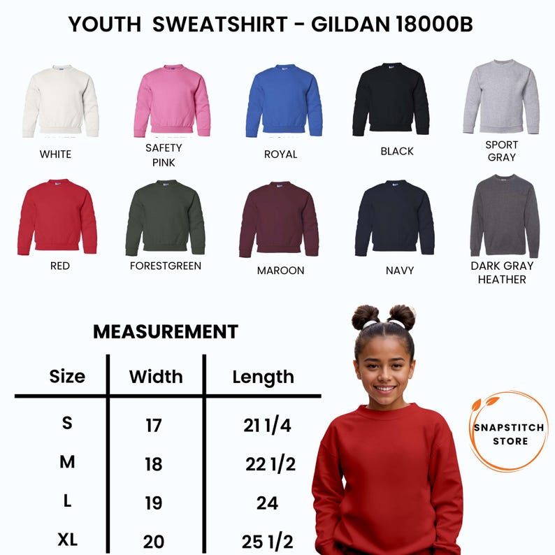 Pu&ograve; includere: Una felpa per ragazzi in vari colori, tra cui bianco, rosa, blu, nero e grigio. L'immagine mostra una tabella delle taglie con misure in centimetri e una giovane persona che indossa una felpa rossa. Il testo "YOUTH SWEATSHIRT - GILDAN 18000B" &egrave; in alto.
