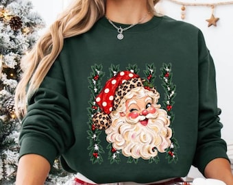 Retro Santa Christmas Polka Dots Sweatshirt, Christmas Tree Sweater, Retro Holiday Crewneck