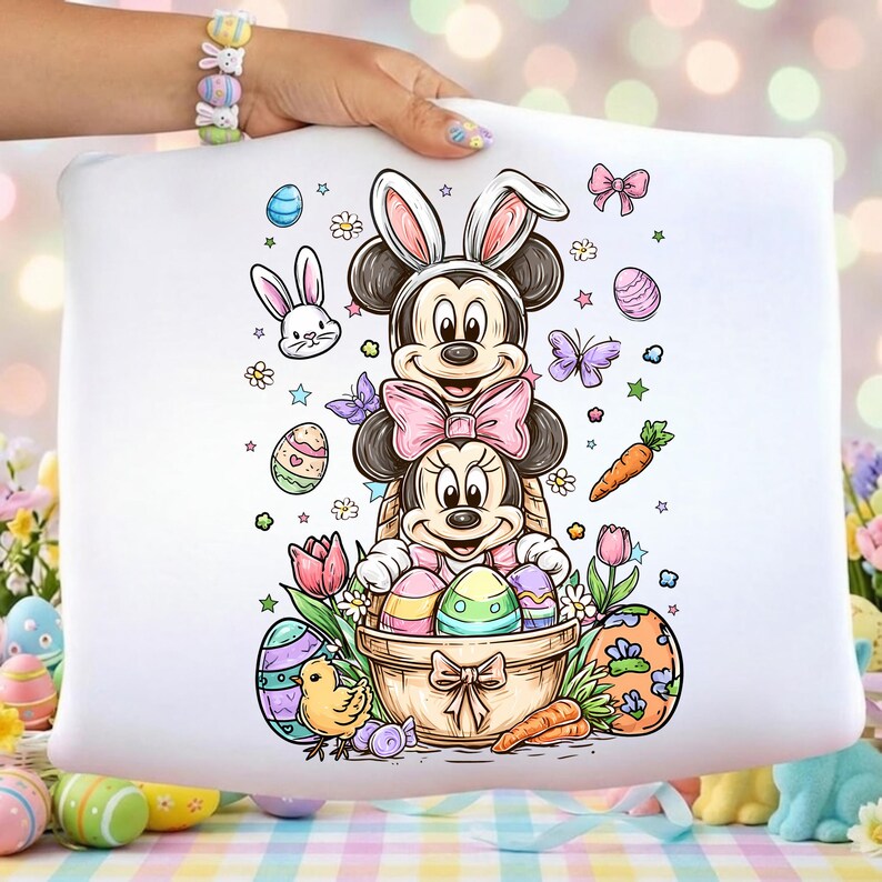 K&ouml;nnte beinhalten: Wei&szlig;es Kissen mit Mickey und Minnie Mouse in Osterkleidung, mit Hasenohren und einem Korb voller bunter Eier. Das Design umfasst Schmetterlinge, Karotten und Blumen und schafft ein festliches Fr&uuml;hlingsmotiv.