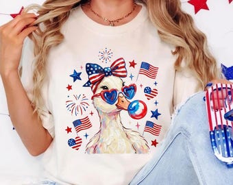 Comfort Colors Preppy Patriotic Bubblegum Goose Shirt, Coquette Fourth of July Funny Duck