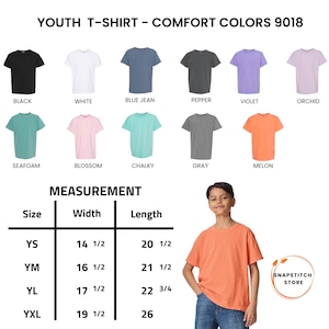 May include: A youth t-shirt in melon color is modeled. The image displays various t-shirt colors, including black, white, blue jean, pepper, violet, orchid, seafoam, blossom, chalky, and gray. Measurement details are also provided.
